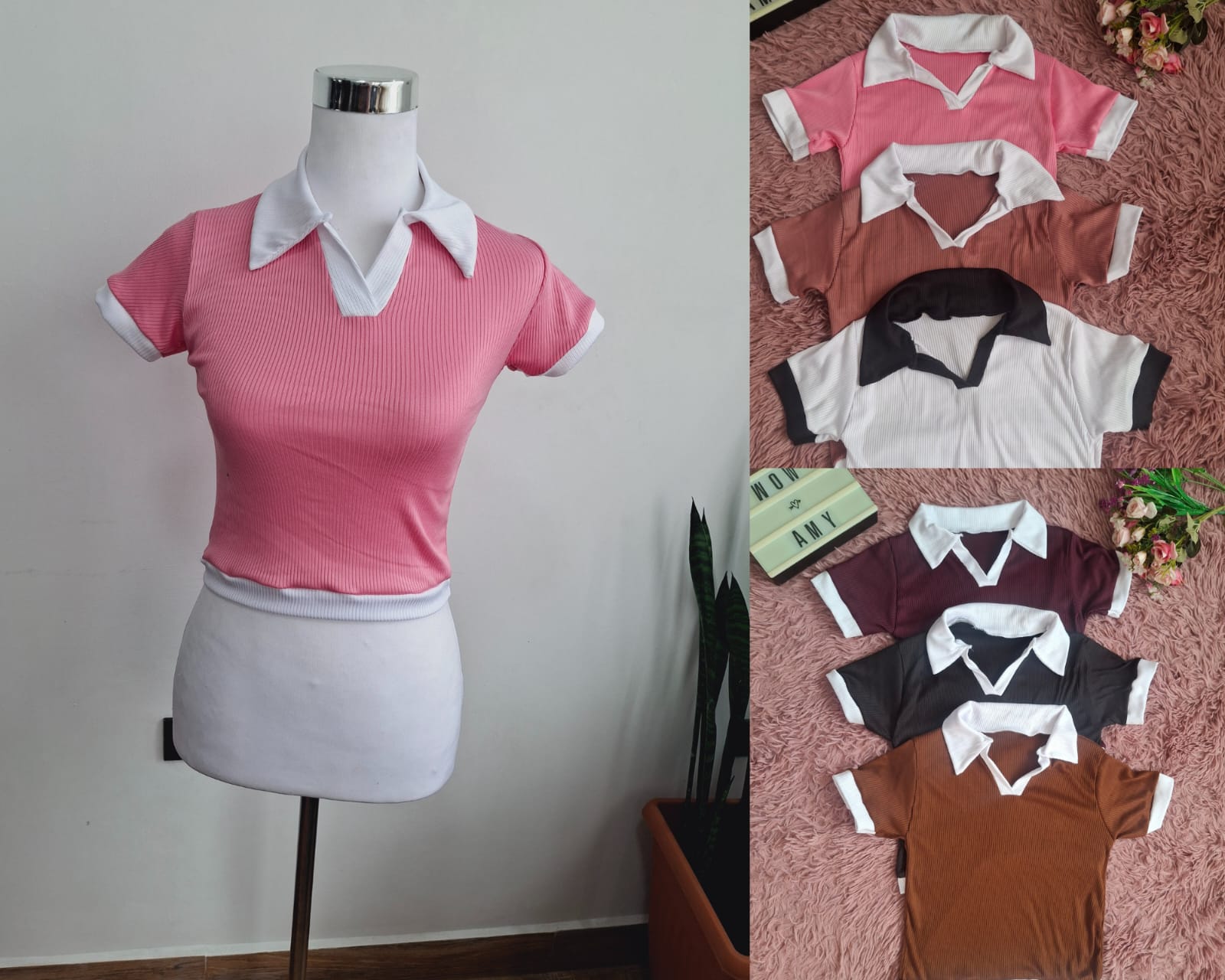 Croptop con cuellito manga orilla blanca