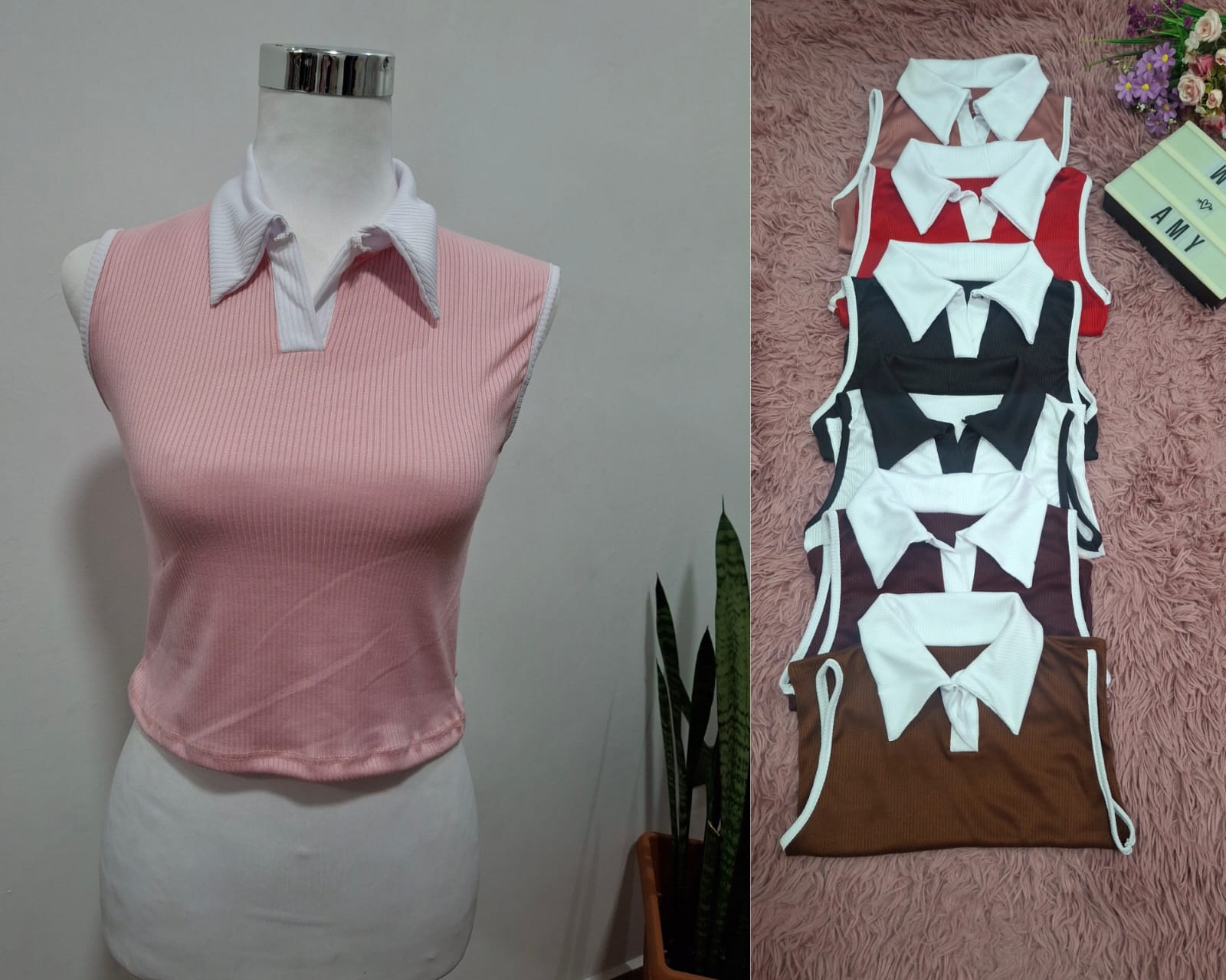 Croptop cuellito sin manga orilla blanca CSM01